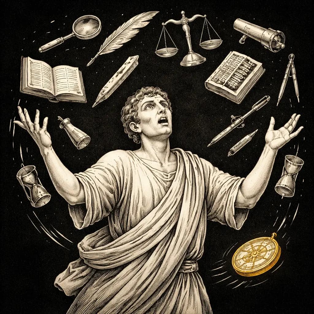 Classical figure juggling fourteen disconnected professional tools in orbit, one golden compass falling, black background