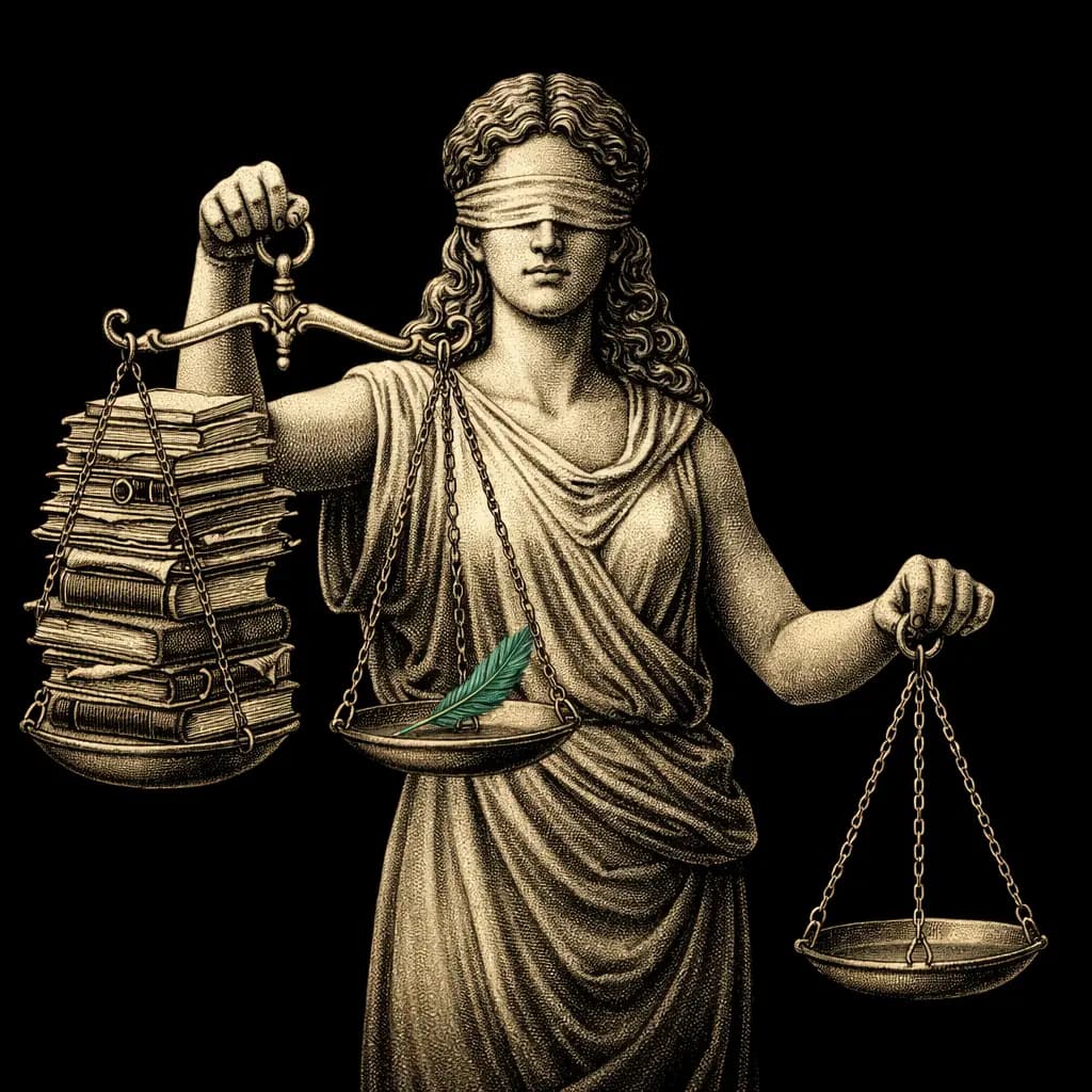 Lady Justice holding scales with a towering stack of legal books on one pan and a single green feather on the other, black background