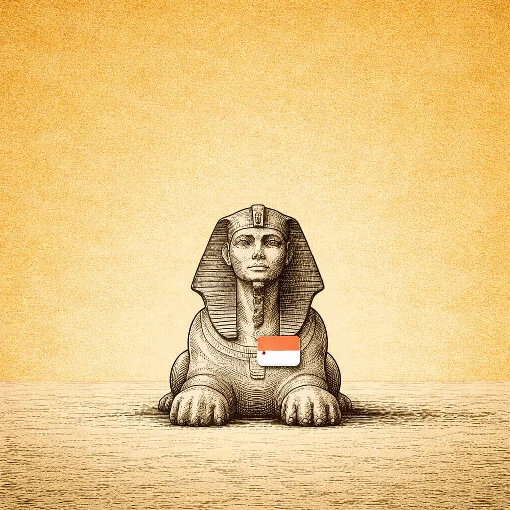 Egyptian Sphinx sitting placidly with a small name badge on its chest, vast empty gold background