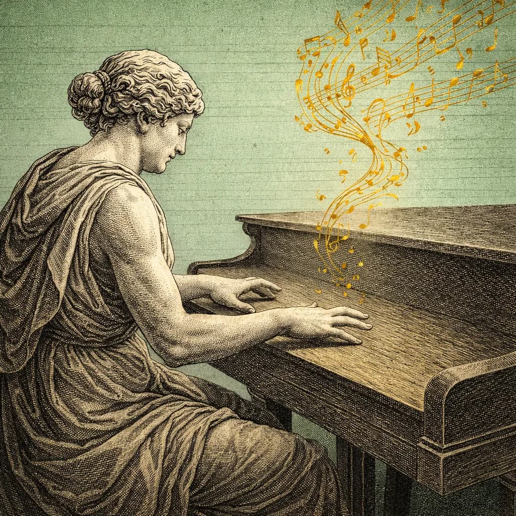 Abstract illustration of sound waves transforming into digital music notation