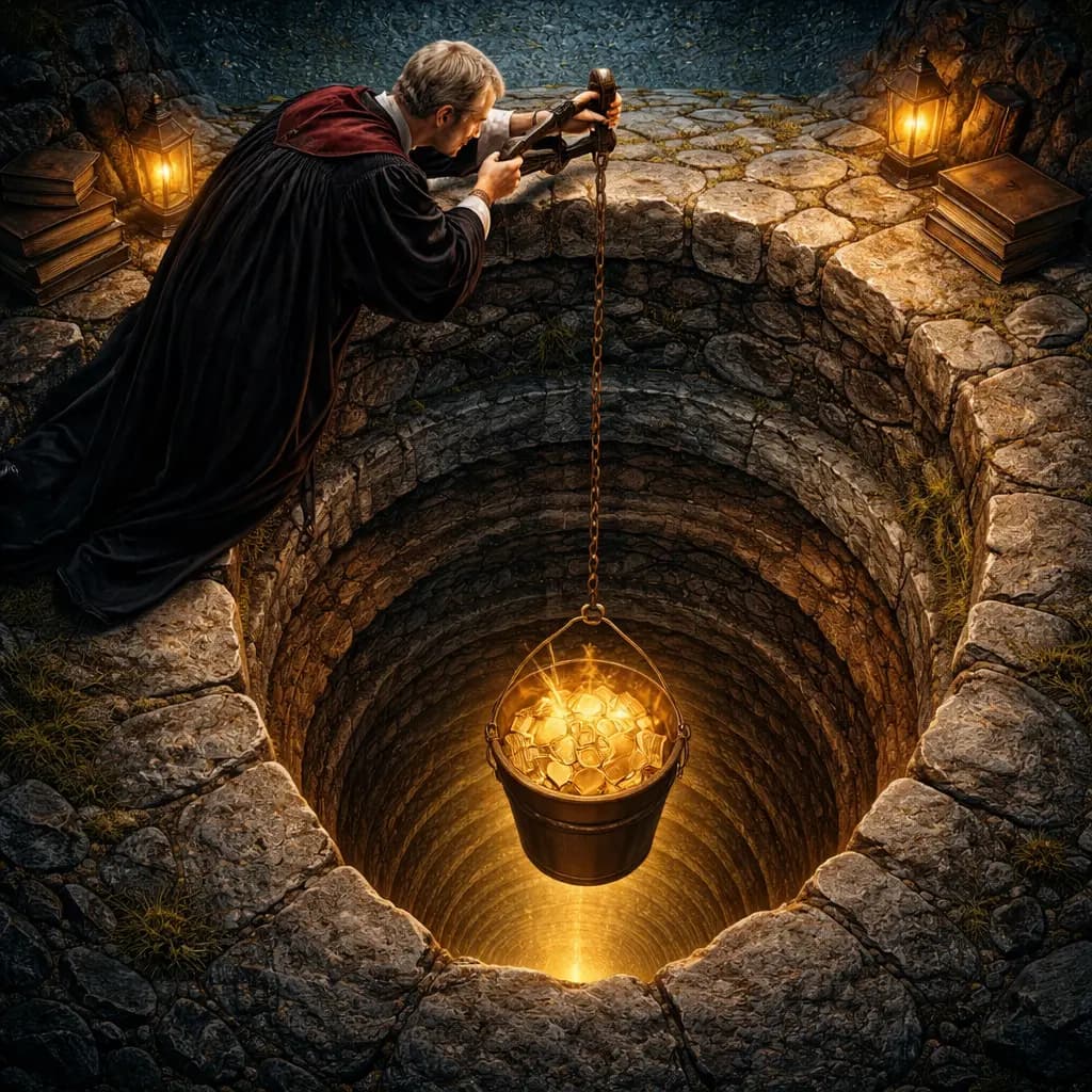 Scholar lowering a glowing bucket on a chain into an impossibly deep well with golden documents visible at the bottom