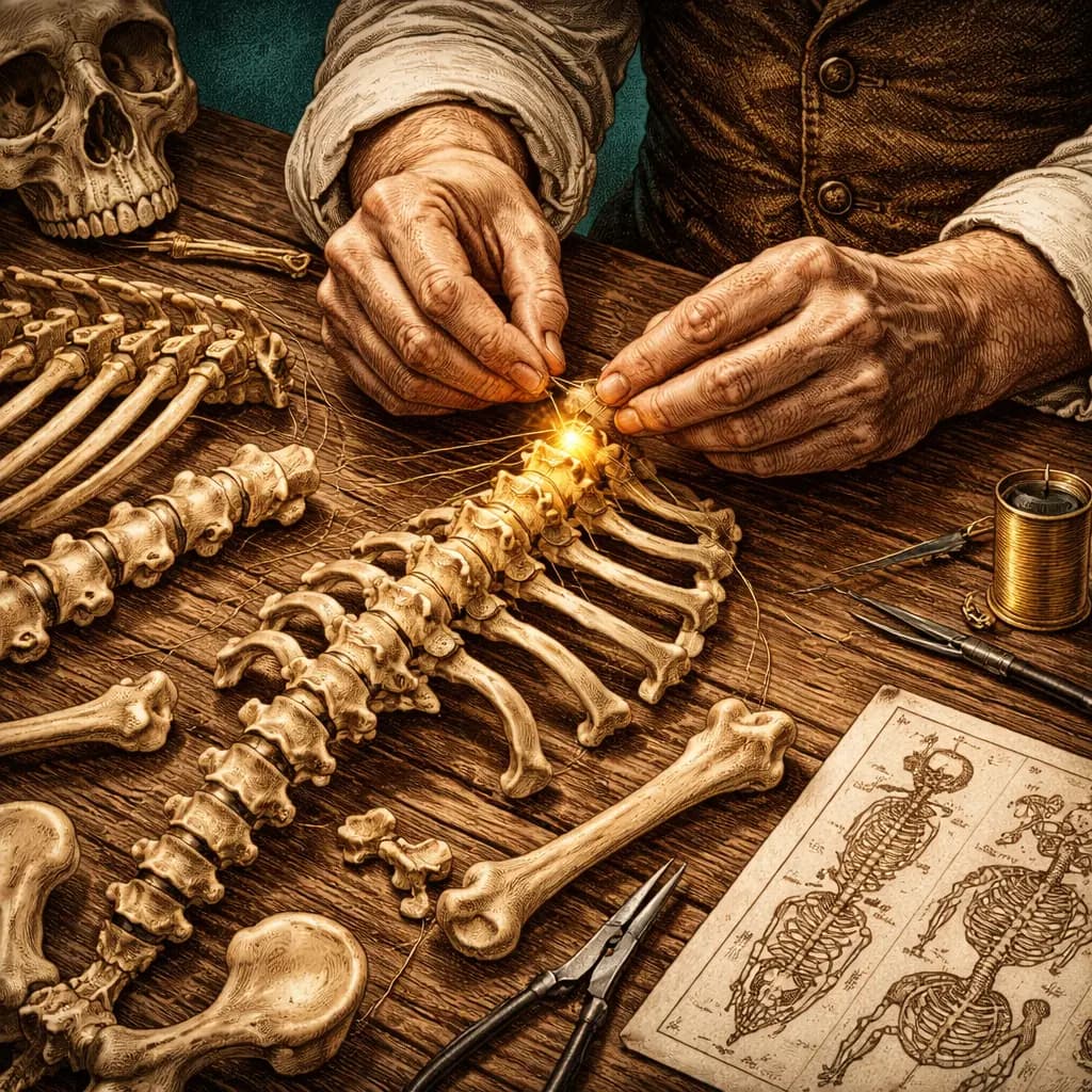 Anatomist's hands carefully assembling a human skeleton on a wooden workbench with a glowing golden vertebra, teal background