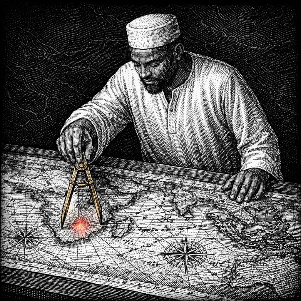 Copperplate engraving of a Swahili navigator in kanzu robe planting a brass divider compass at a single glowing coral point on a vast hand-drawn trade route map, black background with topographic contours