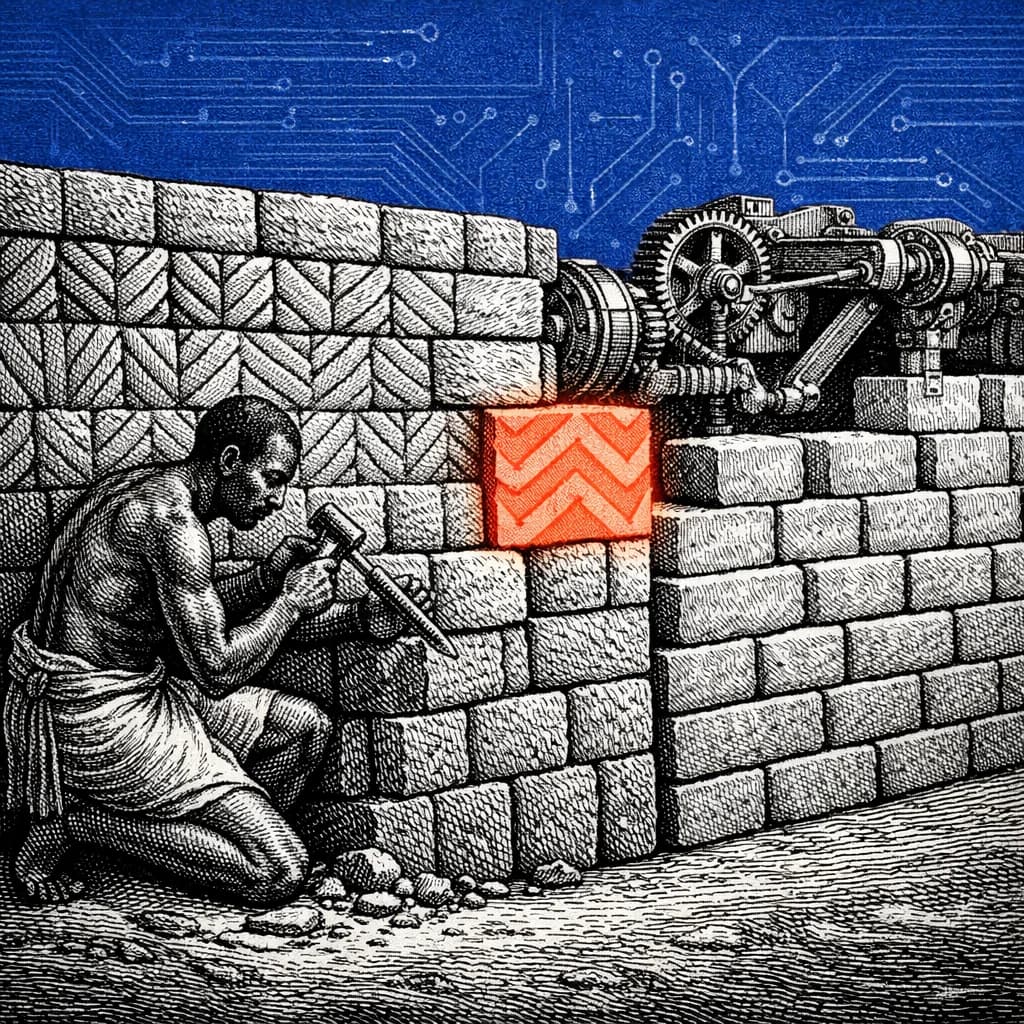 Copperplate engraving of a Great Zimbabwe mason chiselling a chevron block by hand while mechanical gears stack plain bricks on the other side of the wall, coral block at the junction, cobalt background with circuit traces