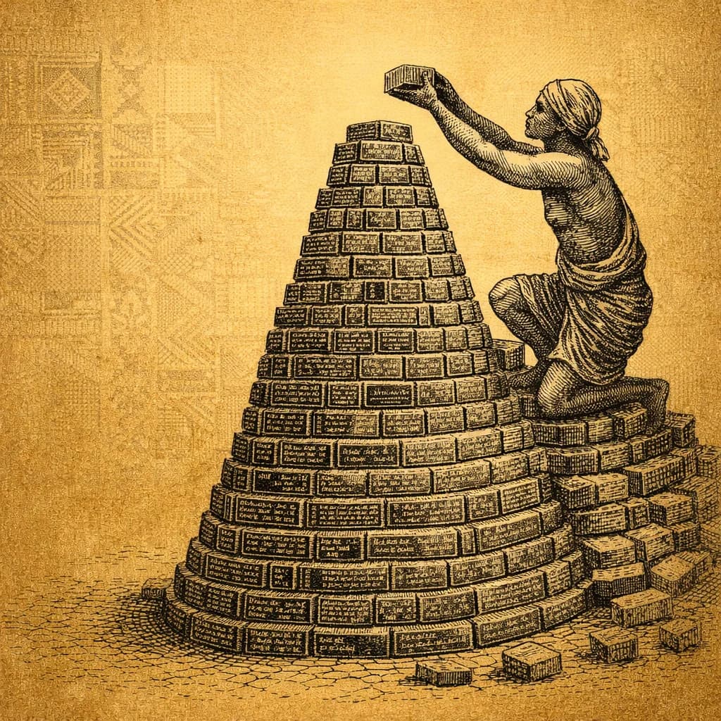 Copperplate engraving of a figure kneeling atop a conical tower of inscribed bricks, placing the final block, gold background with geometric patterns