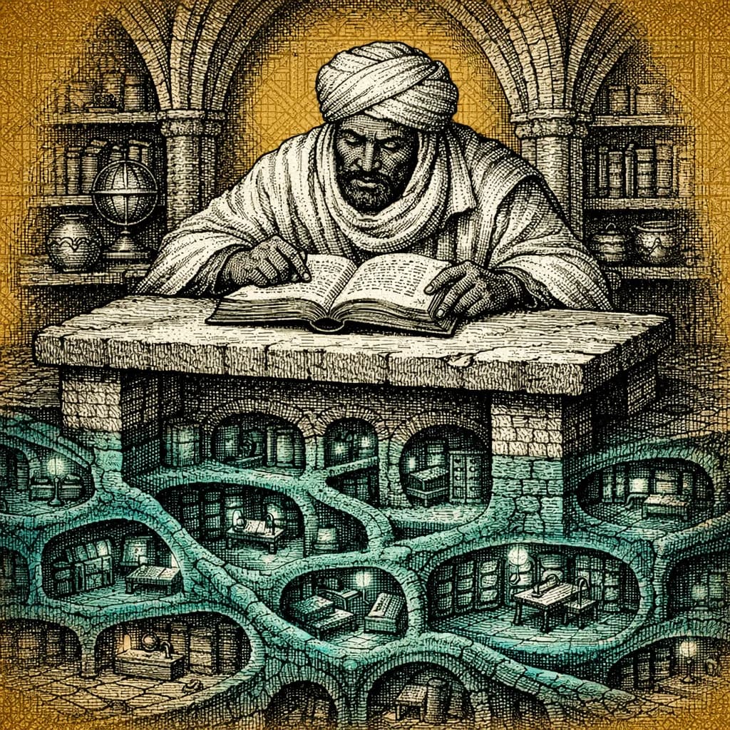 Copperplate engraving of a Timbuktu scholar studying a single manuscript while a teal underground network of tunnels and rooms is visible through the translucent floor beneath, gold background with Kente patterns
