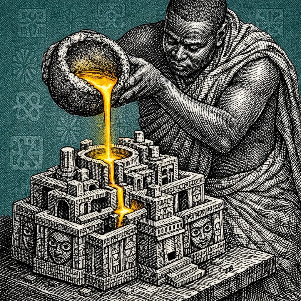 Copperplate engraving of an Edo Kingdom bronze caster pouring molten gold from a crucible into an intricate tiered mould with Benin plaque patterns, teal background with Adinkra symbols