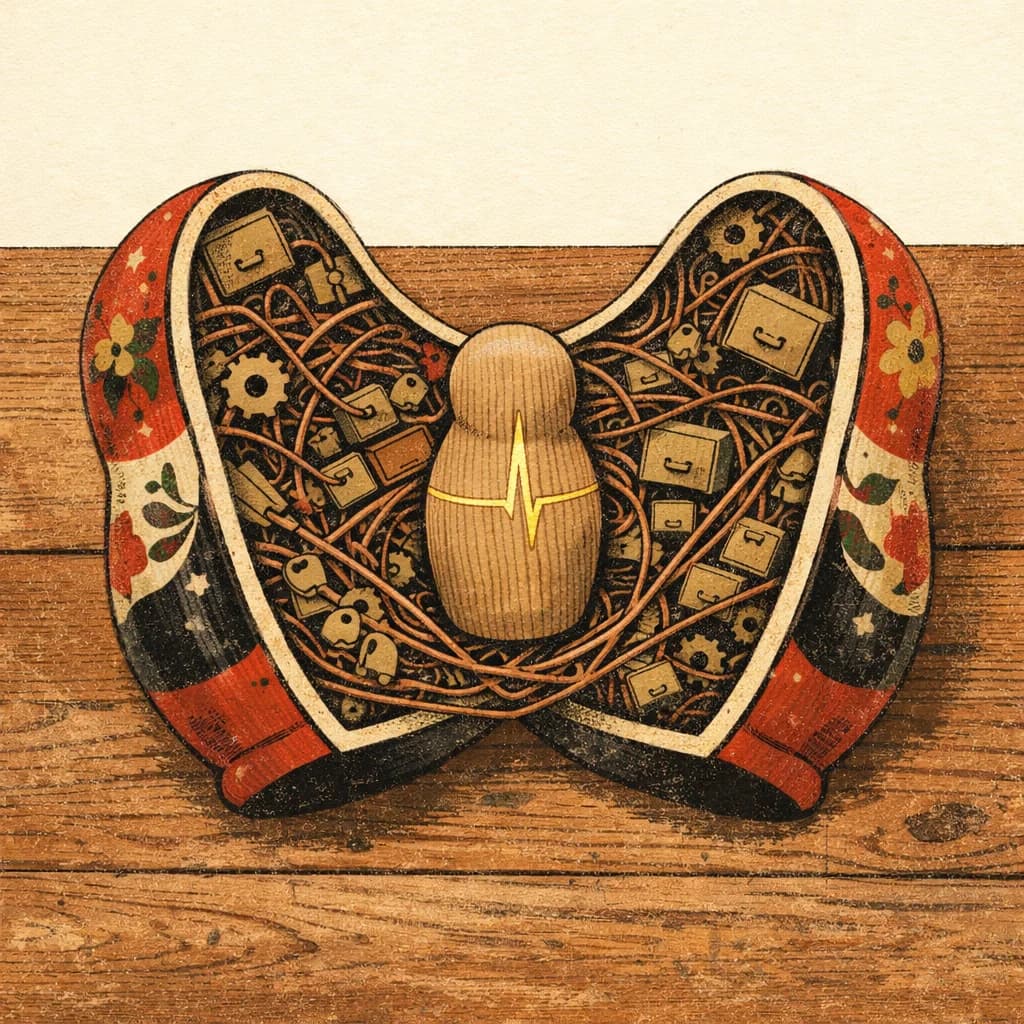 Matryoshka doll cracked open on a wooden table, revealing copper wires, filing drawers, and gears inside the painted shell, with a raw wooden core figure bearing a gold pulse line at the centre