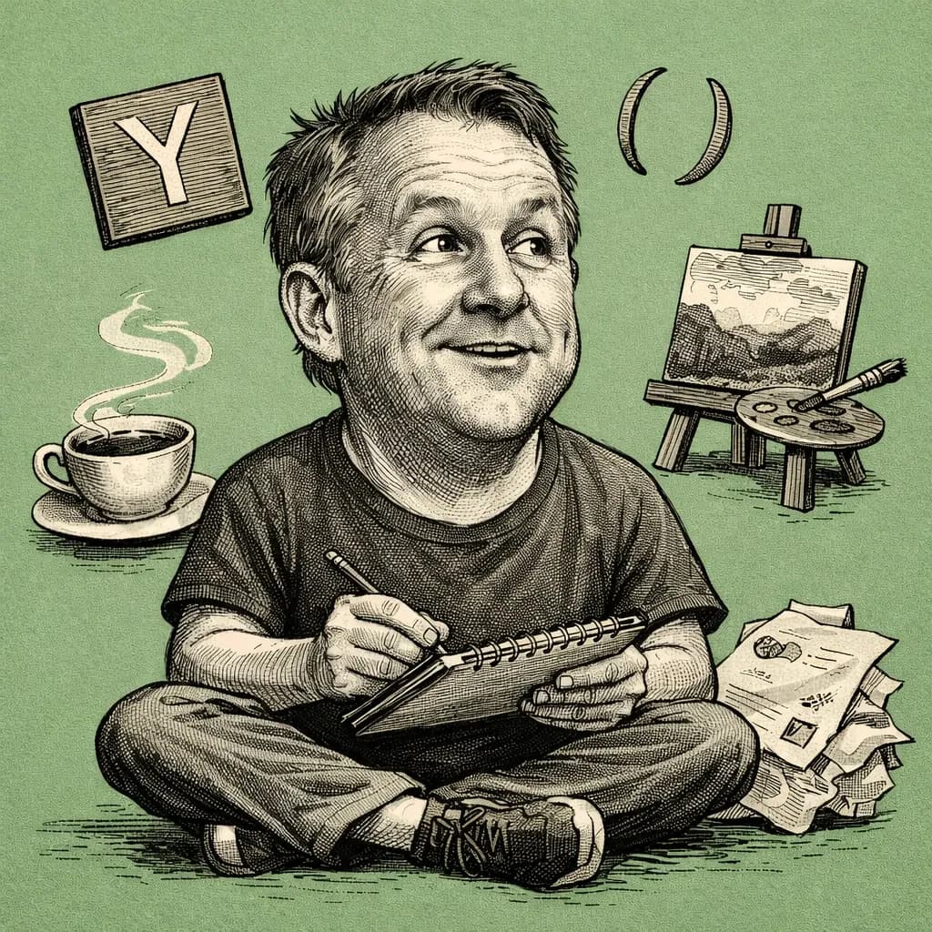 Engraving of a figure seated cross-legged writing in a notebook, surrounded by a Y Combinator tile, coffee cup, easel with painting, and scattered essays, sage green background