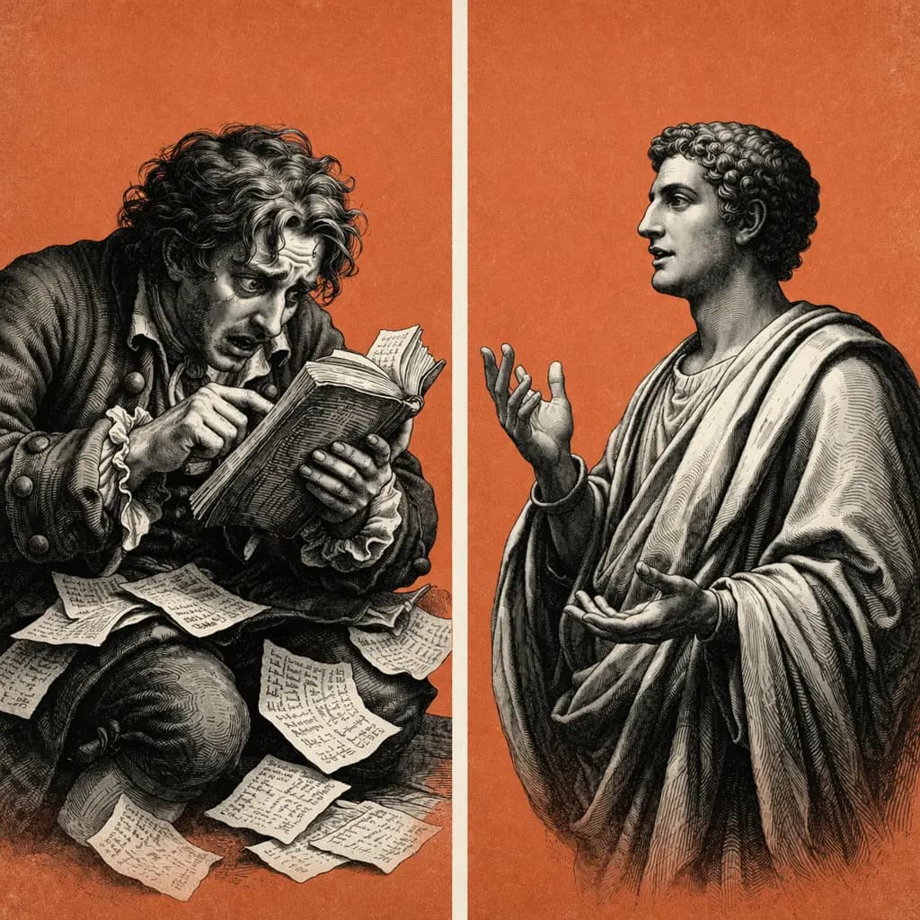 Split composition of frantic traveller clutching a phrasebook versus a composed classical scholar speaking freely, coral background