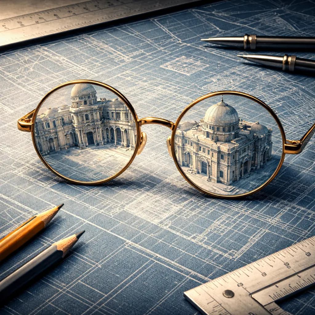 Spectacles resting on an architectural blueprint, through the lenses the flat drawing transforms into a living three-dimensional building
