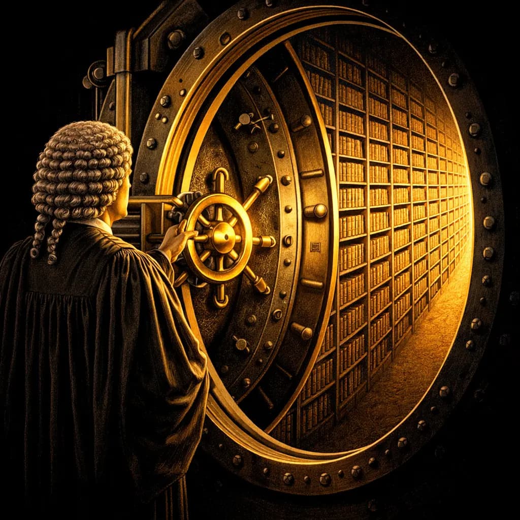 Figure in judicial robes and powdered wig standing before an enormous gold vault door opening into an infinite law library, black background