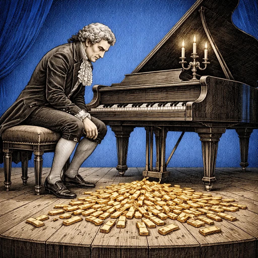 Frustrated pianist at a grand piano with missing keys scattered in a golden pile on the stage floor, blue background