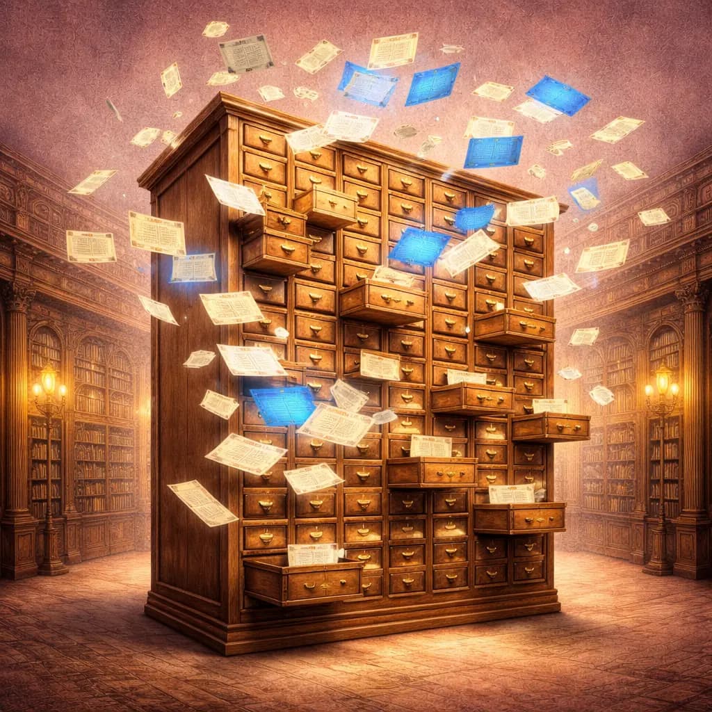 Enormous Victorian card catalogue with drawers opening autonomously, index cards floating out and rearranging into new patterns