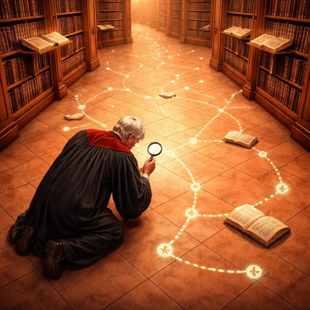 Scholar on hands and knees following a trail of glowing reference marks across a library floor with a magnifying glass