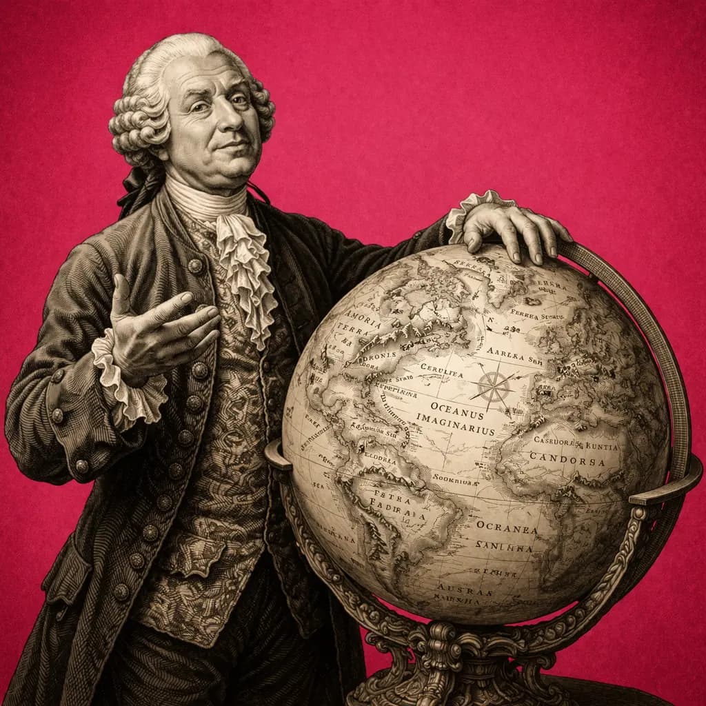 Distinguished gentleman confidently presenting a globe of entirely fictional continents and oceans, magenta background