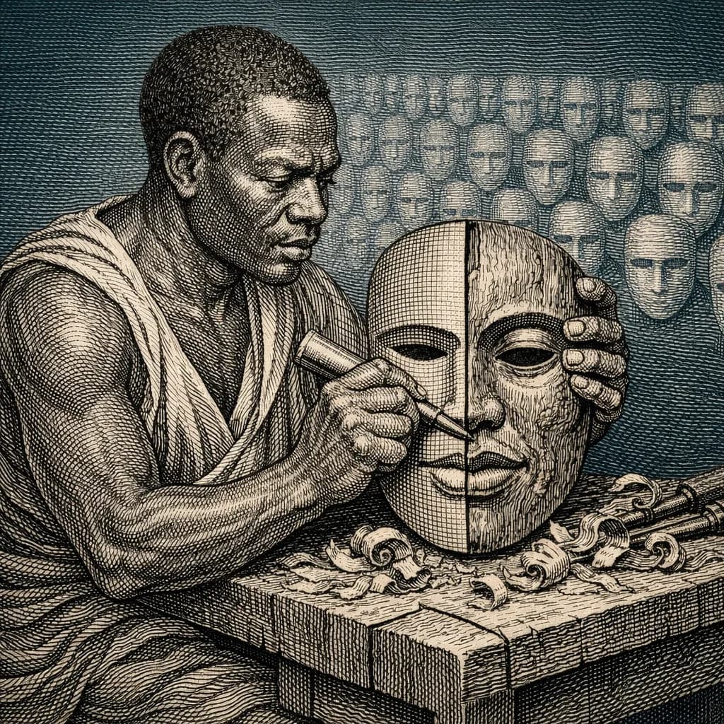 Copperplate engraving of a craftsman carving a unique wooden mask at a workbench while rows of identical masks line the wall behind, teal background