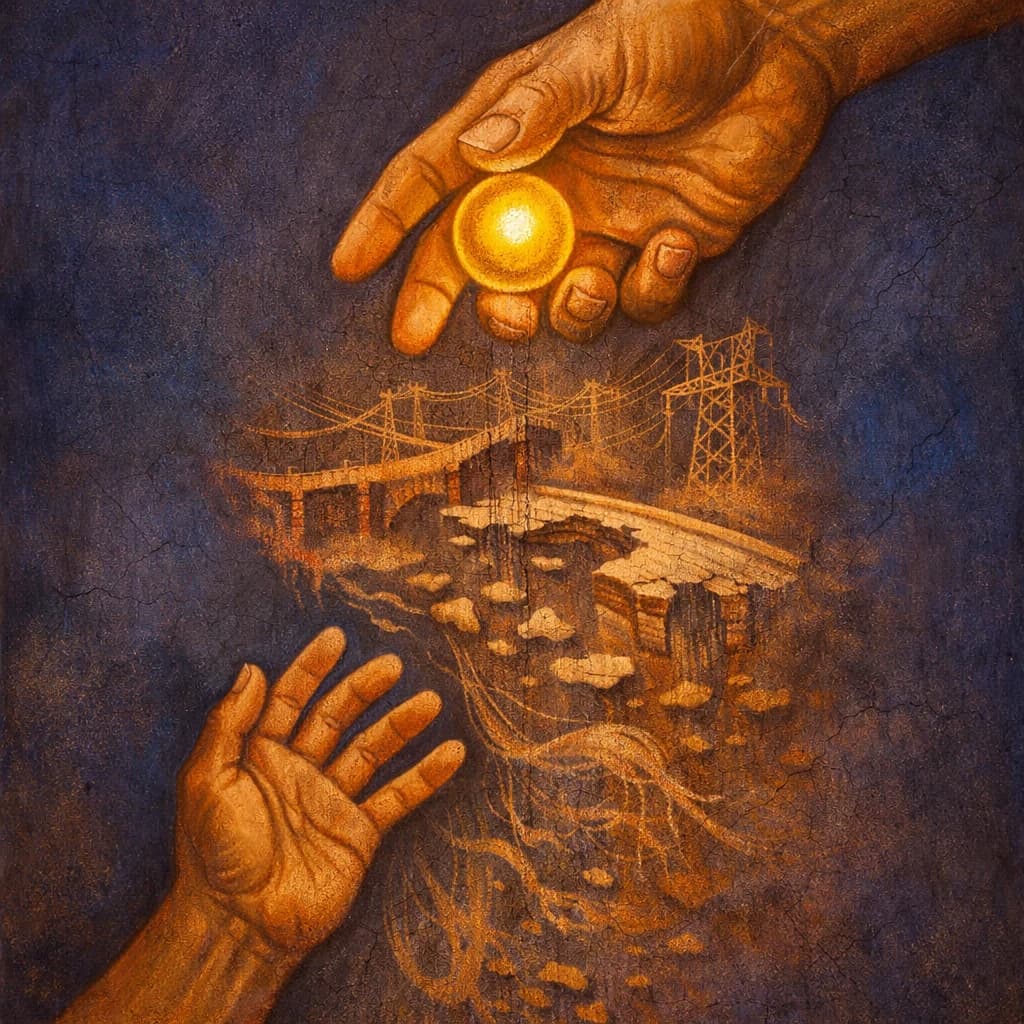 Two outstretched hands on a dark indigo field, one holding a glowing gold sphere above a broken bridge and power lines, symbolising unequal AI value capture