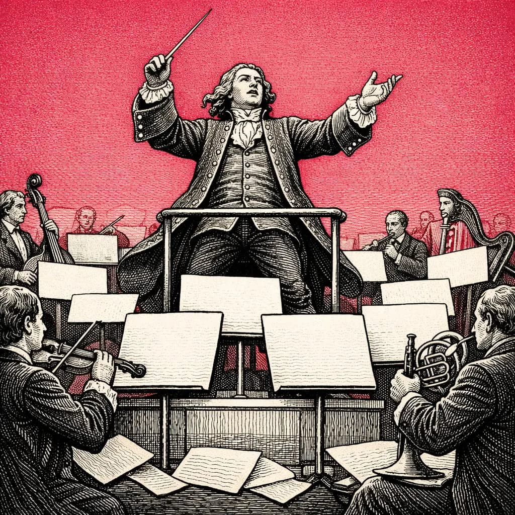 Conductor commanding a full orchestra with empty music stands, musicians poised but nothing to play, red background