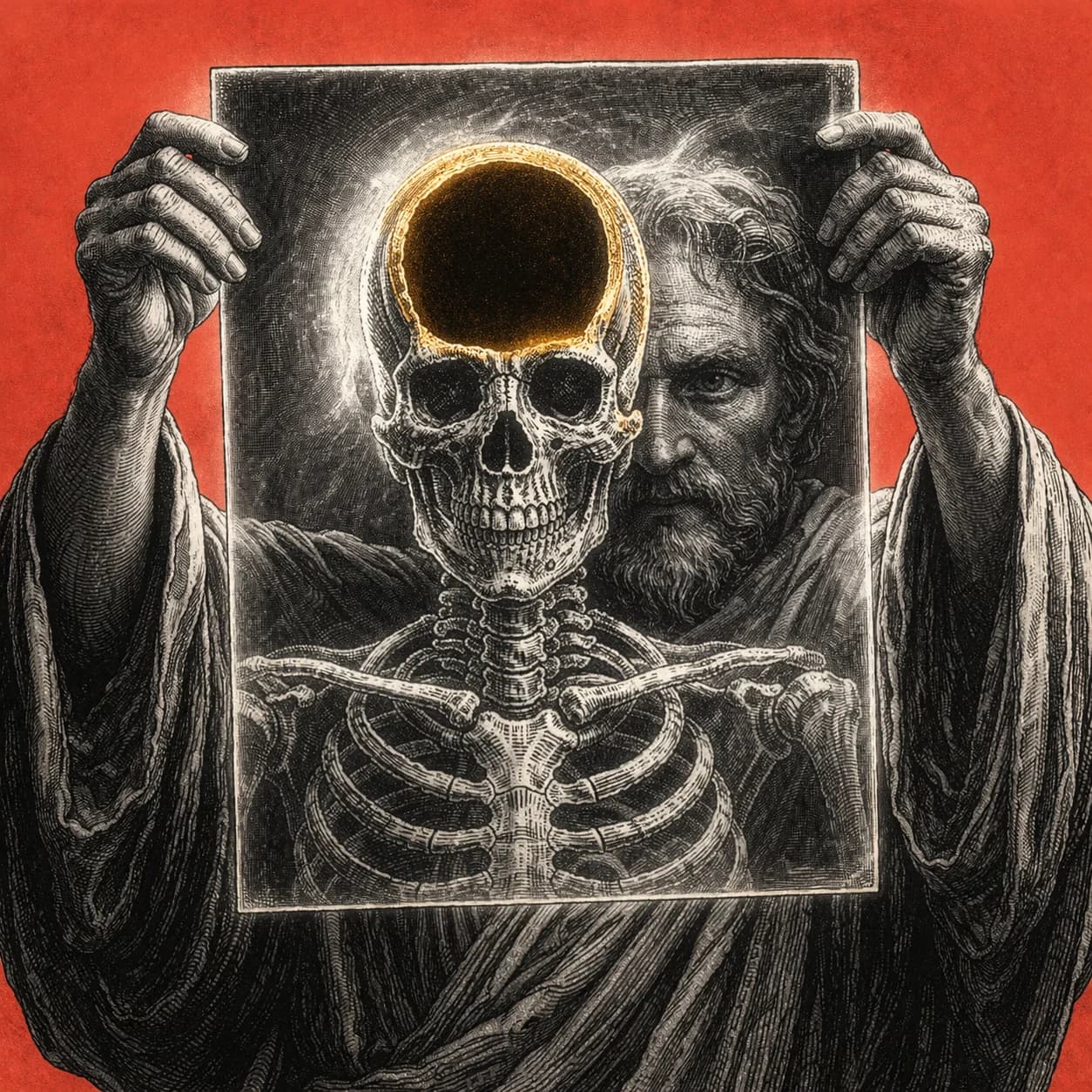 Engraving of a figure holding up an X-ray showing a complete skeleton with an empty gold void where the brain should be, the living face visible behind the film, coral background