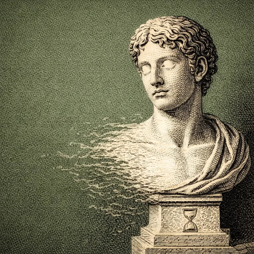 Classical marble bust dissolving into particles with an hourglass at its base, sage green background