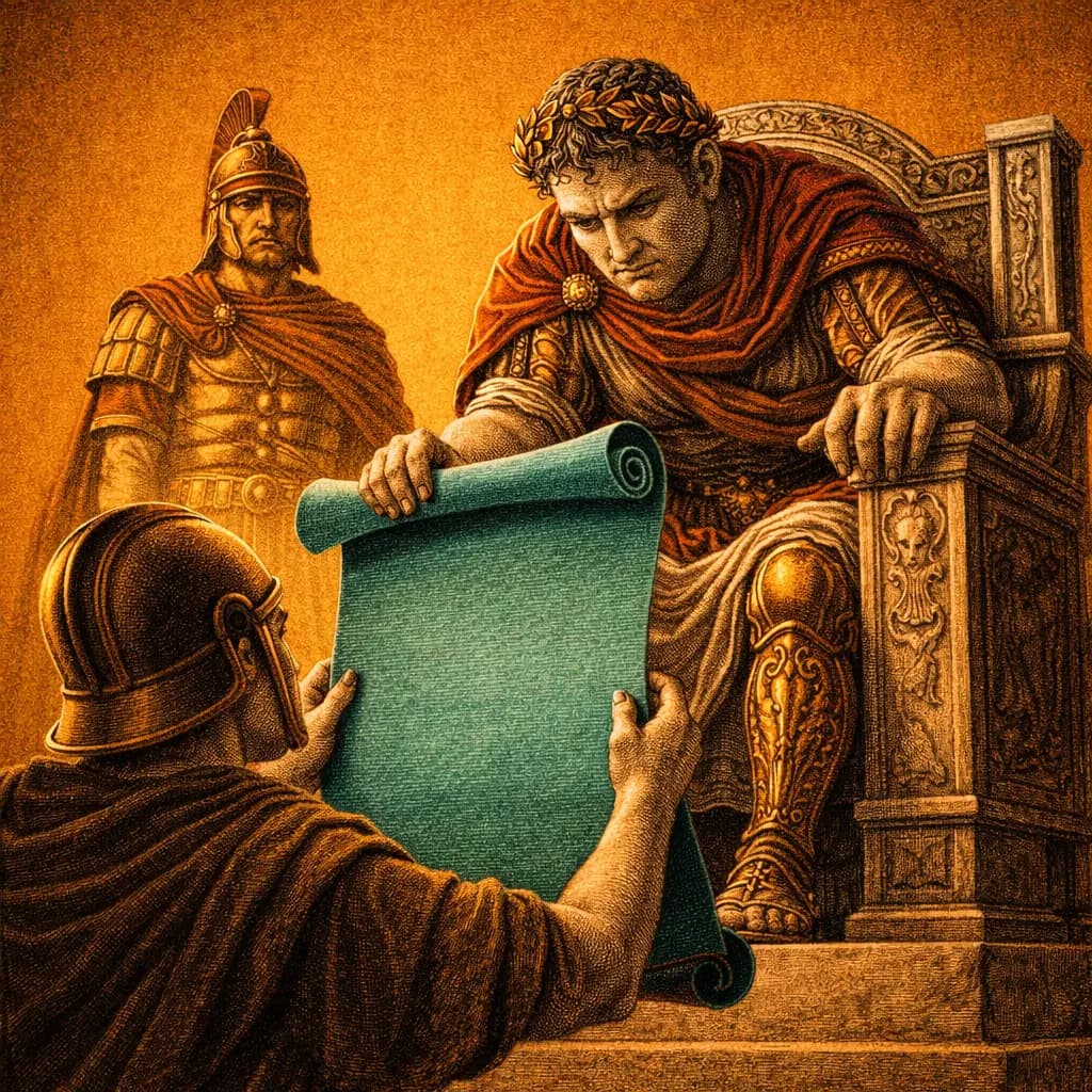 Roman emperor on a throne receiving a blank scroll from a kneeling messenger while a general waits behind, gold background