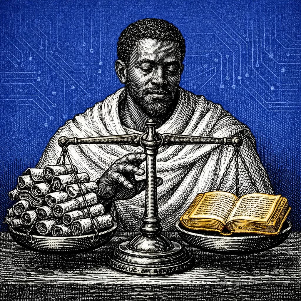 Copperplate engraving of an Ethiopian scribe weighing a stack of scrolls against a single gold illuminated manuscript on a brass balance scale, cobalt background with circuit traces