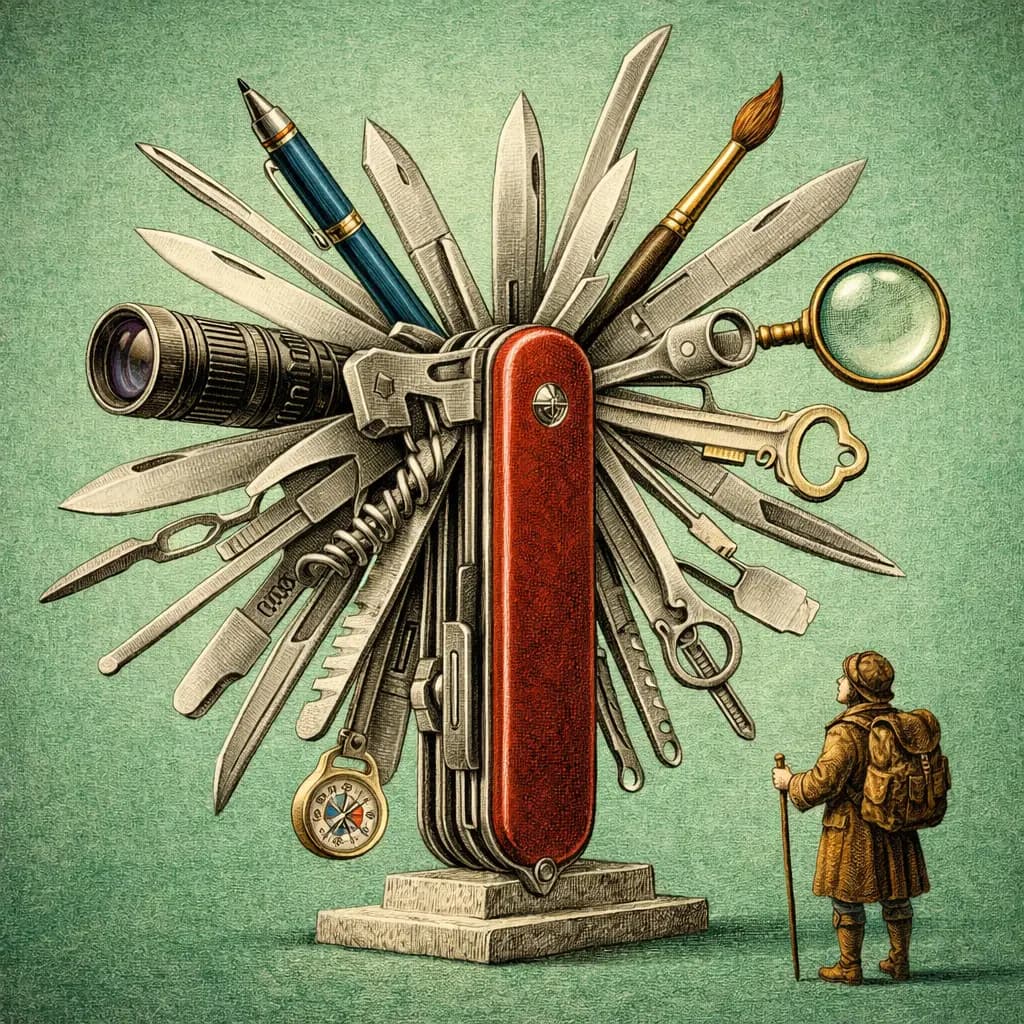 Enormous Swiss Army knife monument unfolding dozens of blades and tools, a small classical figure standing at its base, sage green background