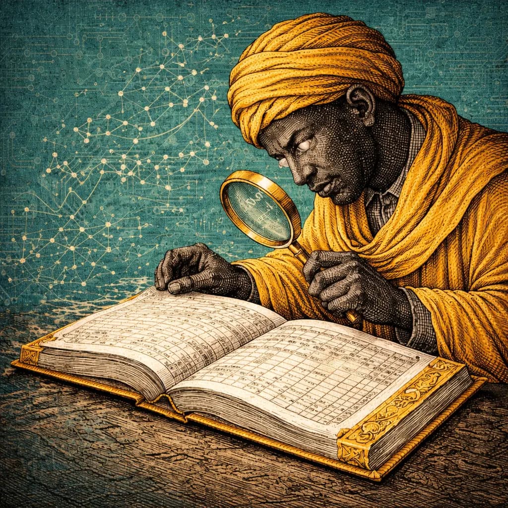 Scholar in golden turban examining an open book with a magnifying glass, constellation patterns in background, teal
