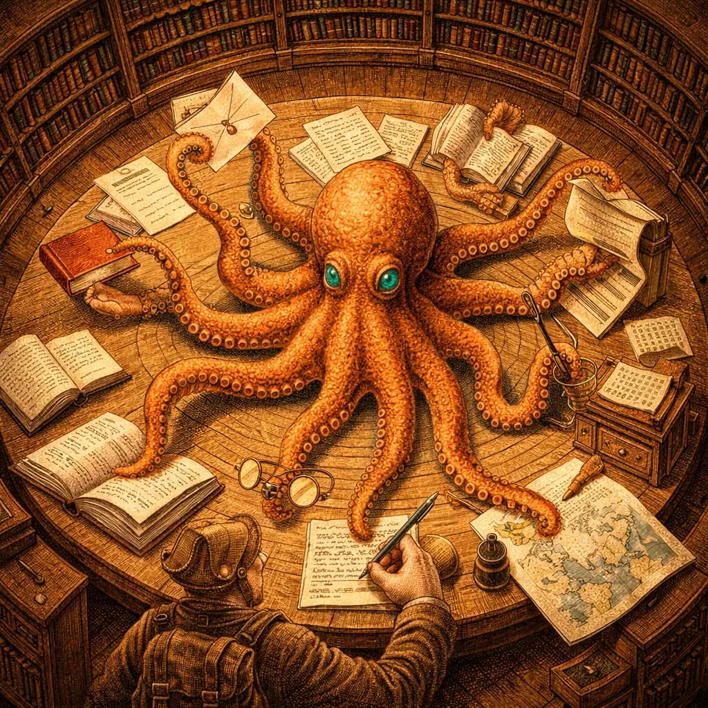 Octopus at the centre of a circular library, each tentacle reaching into different sections simultaneously