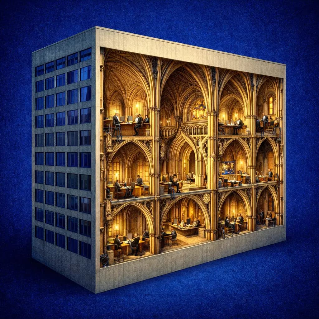 Office building cross-section revealing an ornate Gothic cathedral interior with interconnected chambers where figures work, blue background