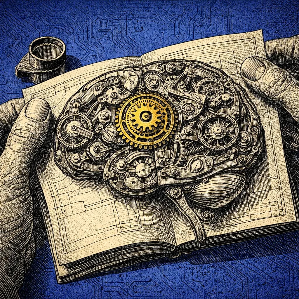 Hands holding open a book revealing a mechanical clockwork brain with golden central gear, blue background