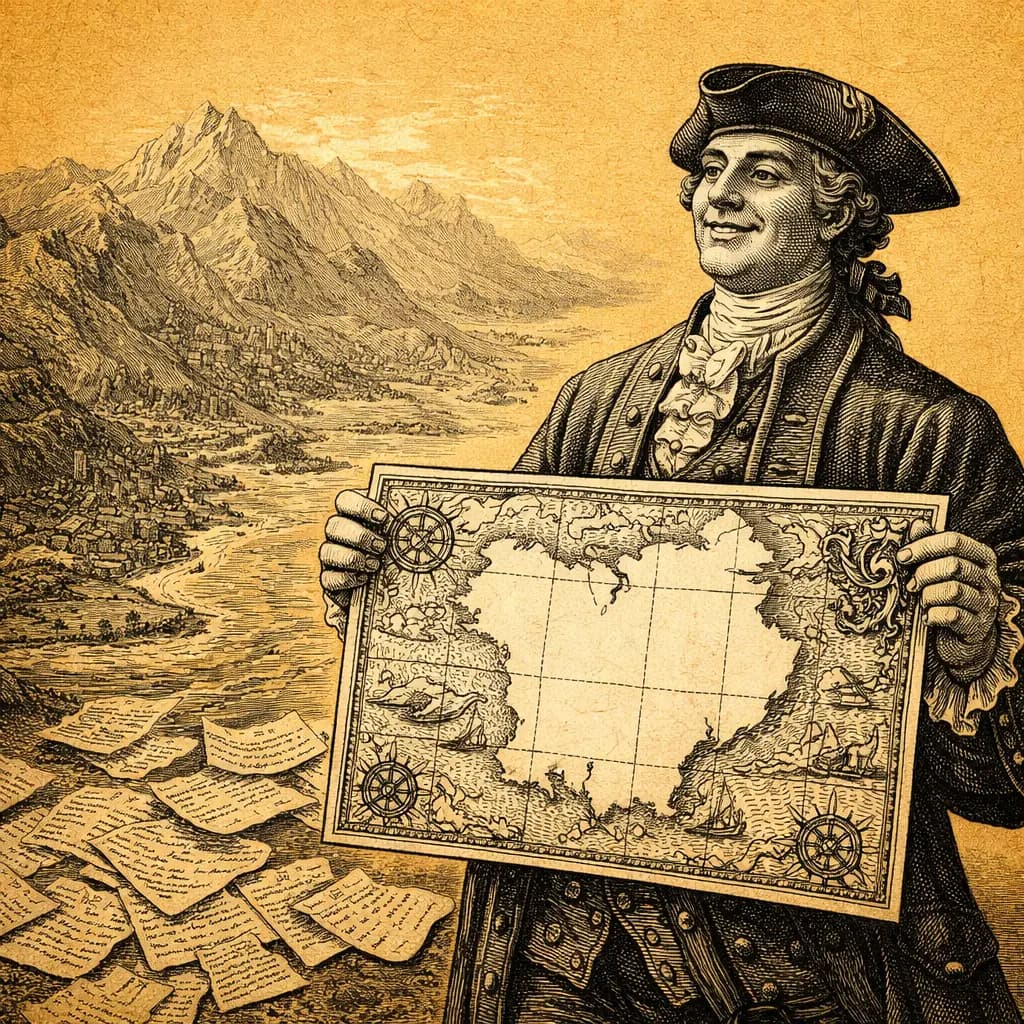 18th-century navigator proudly holding an elaborate map while a vast unmapped continent rises behind him, gold background